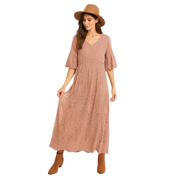 NWT Tea N Rose Mauve Pink Lace Maxi Dress Bell Sleeve Boho Cottage Wedding Sz S - Picture 1 of 9
